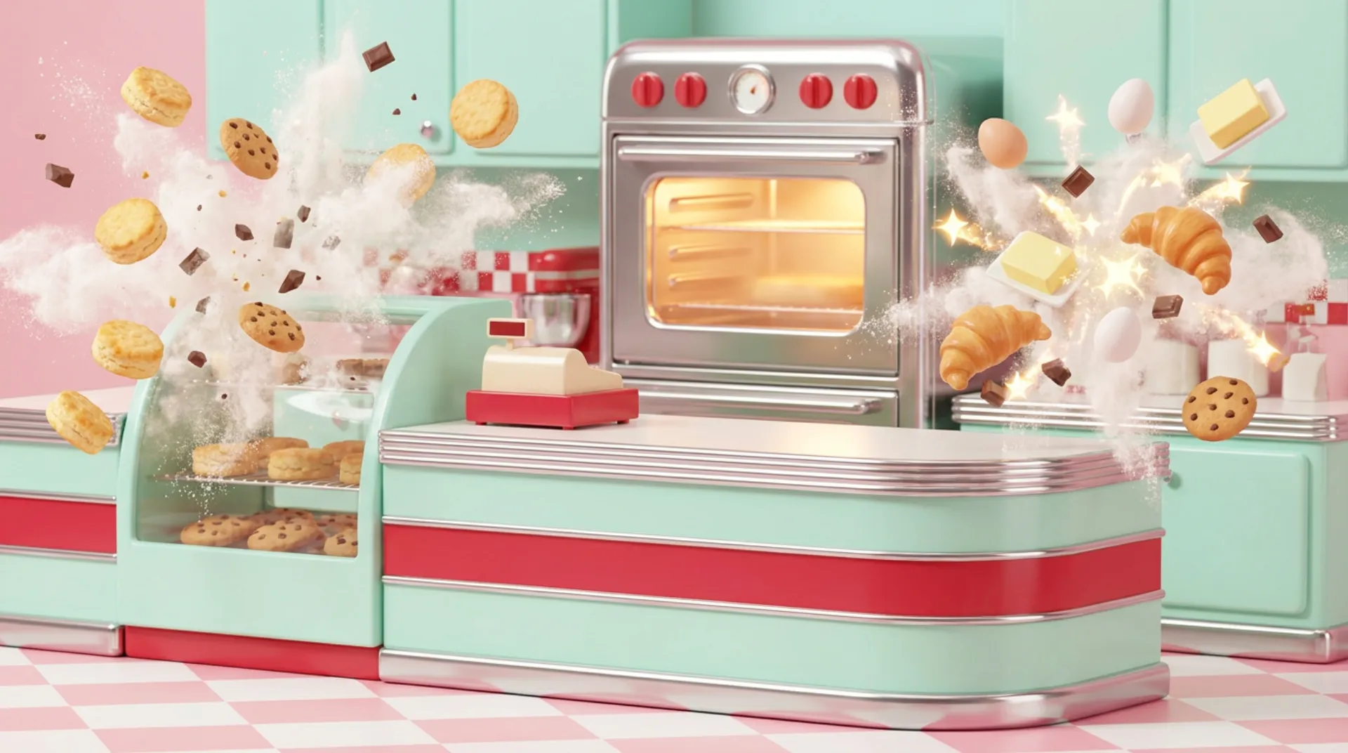 A mint-and-cherry retro bakery counter with a glowing chrome oven, while biscuits, cookies, croissants, eggs and butter burst through clouds of flour and fuse together in sparkles.
