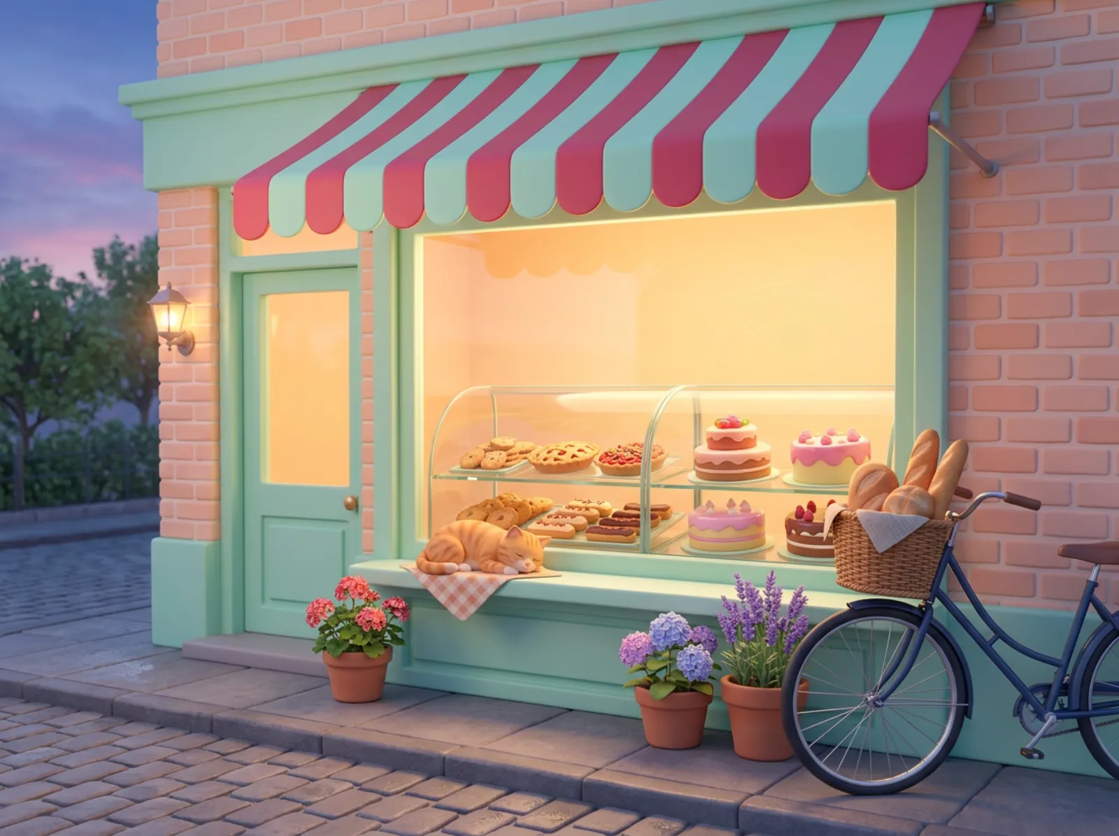 A pastel bakery front at dawn with a mint-and-cherry striped awning, cakes, pies and eclairs glowing behind the glass, a ginger cat asleep on the sill, potted flowers and a bicycle with a basket of bread.